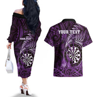 Personalised New Zealand Darts Couples Matching Off The Shoulder Long Sleeve Dress and Hawaiian Shirt Maori Koru Dartboard Purple Flame