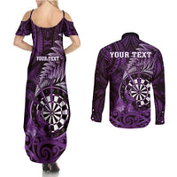 Personalised New Zealand Darts Couples Matching Summer Maxi Dress and Long Sleeve Button Shirt Maori Koru Dartboard Purple Flame