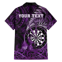Personalised New Zealand Darts Family Matching Off The Shoulder Long Sleeve Dress and Hawaiian Shirt Maori Koru Dartboard Purple Flame