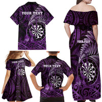 Personalised New Zealand Darts Family Matching Off Shoulder Maxi Dress and Hawaiian Shirt Maori Koru Dartboard Purple Flame