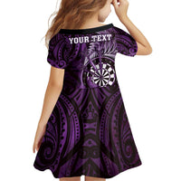 Personalised New Zealand Darts Family Matching Off Shoulder Short Dress and Hawaiian Shirt Maori Koru Dartboard Purple Flame