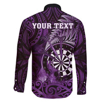Personalised New Zealand Darts Family Matching Off Shoulder Short Dress and Hawaiian Shirt Maori Koru Dartboard Purple Flame