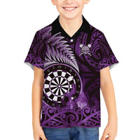 Personalised New Zealand Darts Family Matching Puletasi and Hawaiian Shirt Maori Koru Dartboard Purple Flame