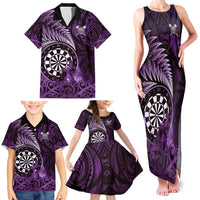 Personalised New Zealand Darts Family Matching Tank Maxi Dress and Hawaiian Shirt Maori Koru Dartboard Purple Flame