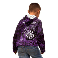 Personalised New Zealand Darts Kid Hoodie Maori Koru Dartboard Purple Flame