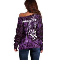 Personalised New Zealand Darts Off Shoulder Sweater Maori Koru Dartboard Purple Flame
