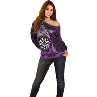 Personalised New Zealand Darts Off Shoulder Sweater Maori Koru Dartboard Purple Flame