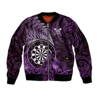 Personalised New Zealand Darts Sleeve Zip Bomber Jacket Maori Koru Dartboard Purple Flame