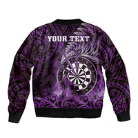 Personalised New Zealand Darts Sleeve Zip Bomber Jacket Maori Koru Dartboard Purple Flame