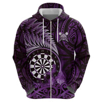 Personalised New Zealand Darts Zip Hoodie Maori Koru Dartboard Purple Flame