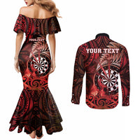 Personalised New Zealand Darts Couples Matching Mermaid Dress and Long Sleeve Button Shirt Maori Koru Dartboard Red Flame