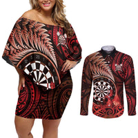 Personalised New Zealand Darts Couples Matching Off Shoulder Short Dress and Long Sleeve Button Shirt Maori Koru Dartboard Red Flame