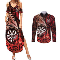 Personalised New Zealand Darts Couples Matching Summer Maxi Dress and Long Sleeve Button Shirt Maori Koru Dartboard Red Flame