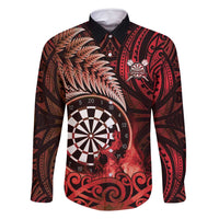 Personalised New Zealand Darts Family Matching Off Shoulder Maxi Dress and Hawaiian Shirt Maori Koru Dartboard Red Flame