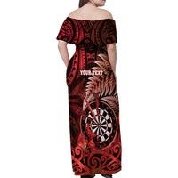 Personalised New Zealand Darts Family Matching Off Shoulder Maxi Dress and Hawaiian Shirt Maori Koru Dartboard Red Flame