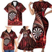 Personalised New Zealand Darts Family Matching Short Sleeve Bodycon Dress and Hawaiian Shirt Maori Koru Dartboard Red Flame