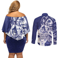 Guam Chief Quipuha Couples Matching Off Shoulder Short Dress and Long Sleeve Button Shirt Polynesian Pattern With Guasali Flowers