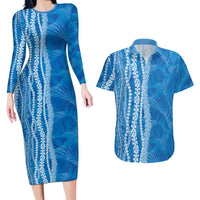 Hawaii Prince Kuhio Couples Matching Long Sleeve Bodycon Dress and Hawaiian Shirt Blue Hawaiian Lau Maia With Leis
