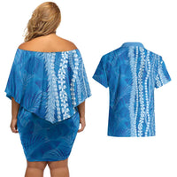 Hawaii Prince Kuhio Couples Matching Off Shoulder Short Dress and Hawaiian Shirt Blue Hawaiian Lau Maia With Leis