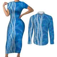 Hawaii Prince Kuhio Couples Matching Short Sleeve Bodycon Dress and Long Sleeve Button Shirt Blue Hawaiian Lau Maia With Leis LT05 Blue - Polynesian Pride