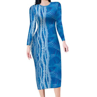 Hawaii Prince Kuhio Family Matching Long Sleeve Bodycon Dress and Hawaiian Shirt Blue Hawaiian Lau Maia With Leis