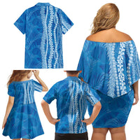 Hawaii Prince Kuhio Family Matching Off Shoulder Short Dress and Hawaiian Shirt Blue Hawaiian Lau Maia With Leis