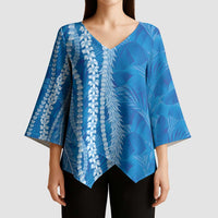 Hawaii Prince Kuhio Kimono Sleeve Blouse Blue Hawaiian Lau Maia With Leis