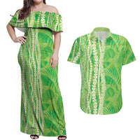 Hawaii Prince Kuhio Couples Matching Off Shoulder Maxi Dress and Hawaiian Shirt Lime Green Hawaiian Lau Maia With Leis