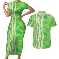 Hawaii Prince Kuhio Couples Matching Short Sleeve Bodycon Dress and Hawaiian Shirt Lime Green Hawaiian Lau Maia With Leis
