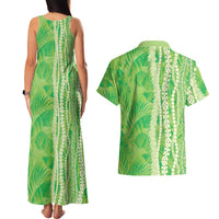 Hawaii Prince Kuhio Couples Matching Tank Maxi Dress and Hawaiian Shirt Lime Green Hawaiian Lau Maia With Leis