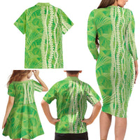 Hawaii Prince Kuhio Family Matching Long Sleeve Bodycon Dress and Hawaiian Shirt Lime Green Hawaiian Lau Maia With Leis