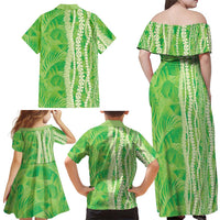 Hawaii Prince Kuhio Family Matching Off Shoulder Maxi Dress and Hawaiian Shirt Lime Green Hawaiian Lau Maia With Leis