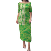Hawaii Prince Kuhio Family Matching Puletasi and Hawaiian Shirt Lime Green Hawaiian Lau Maia With Leis