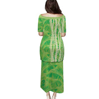 Hawaii Prince Kuhio Family Matching Puletasi and Hawaiian Shirt Lime Green Hawaiian Lau Maia With Leis