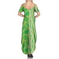 Hawaii Prince Kuhio Family Matching Summer Maxi Dress and Hawaiian Shirt Lime Green Hawaiian Lau Maia With Leis