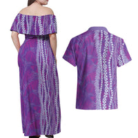 Hawaii Prince Kuhio Couples Matching Off Shoulder Maxi Dress and Hawaiian Shirt Violet Hawaiian Lau Maia With Leis