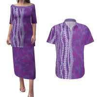 Hawaii Prince Kuhio Couples Matching Puletasi and Hawaiian Shirt Violet Hawaiian Lau Maia With Leis LT05 Violet - Polynesian Pride