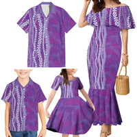 Hawaii Prince Kuhio Family Matching Mermaid Dress and Hawaiian Shirt Violet Hawaiian Lau Maia With Leis