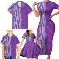 Hawaii Prince Kuhio Family Matching Short Sleeve Bodycon Dress and Hawaiian Shirt Violet Hawaiian Lau Maia With Leis