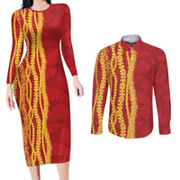 Hawaii Prince Kuhio Couples Matching Long Sleeve Bodycon Dress and Long Sleeve Button Shirt Red Hawaiian Lau Maia With Leis LT05 Red - Polynesian Pride
