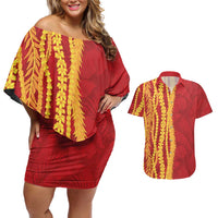 Hawaii Prince Kuhio Couples Matching Off Shoulder Short Dress and Hawaiian Shirt Red Hawaiian Lau Maia With Leis
