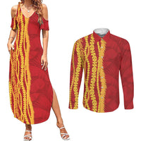 Hawaii Prince Kuhio Couples Matching Summer Maxi Dress and Long Sleeve Button Shirt Red Hawaiian Lau Maia With Leis LT05 Red - Polynesian Pride