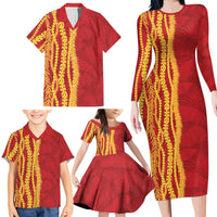 Hawaii Prince Kuhio Family Matching Long Sleeve Bodycon Dress and Hawaiian Shirt Red Hawaiian Lau Maia With Leis LT05 - Polynesian Pride