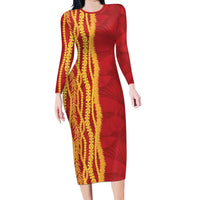 Hawaii Prince Kuhio Family Matching Long Sleeve Bodycon Dress and Hawaiian Shirt Red Hawaiian Lau Maia With Leis LT05 Mom's Dress Red - Polynesian Pride