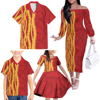 Hawaii Prince Kuhio Family Matching Off The Shoulder Long Sleeve Dress and Hawaiian Shirt Red Hawaiian Lau Maia With Leis