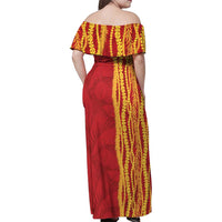 Hawaii Prince Kuhio Family Matching Off Shoulder Maxi Dress and Hawaiian Shirt Red Hawaiian Lau Maia With Leis