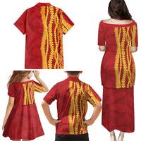Hawaii Prince Kuhio Family Matching Puletasi and Hawaiian Shirt Red Hawaiian Lau Maia With Leis