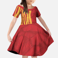 Hawaii Prince Kuhio Family Matching Short Sleeve Bodycon Dress and Hawaiian Shirt Red Hawaiian Lau Maia With Leis LT05 Daughter's Dress Red - Polynesian Pride