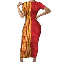 Hawaii Prince Kuhio Family Matching Short Sleeve Bodycon Dress and Hawaiian Shirt Red Hawaiian Lau Maia With Leis LT05 Mom's Dress Red - Polynesian Pride