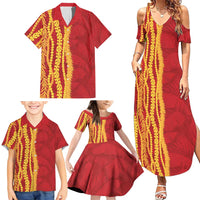 Hawaii Prince Kuhio Family Matching Summer Maxi Dress and Hawaiian Shirt Red Hawaiian Lau Maia With Leis